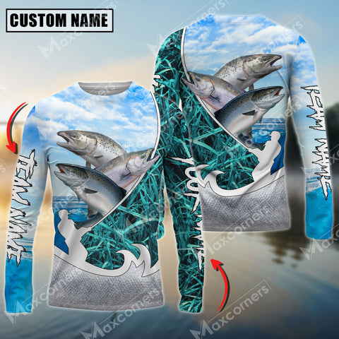 Maxcorners Chinook Fishing Blue Fisherman Grass Camo Personalized Name, Team Name Long Sleeve Shirt