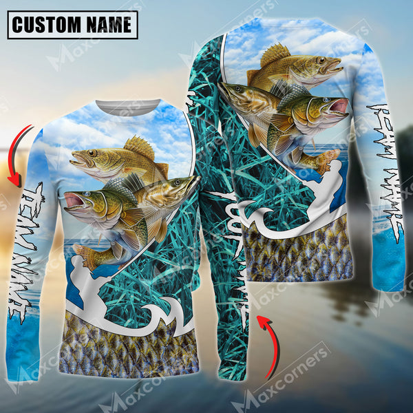 Maxcorners Walleyes Fishing Blue Fisherman Grass Camo Personalized Name, Team Name Long Sleeve Shirt