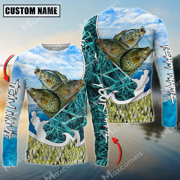 Maxcorners Crappie Fishing Blue Fisherman Grass Camo Personalized Name, Team Name Long Sleeve Shirt