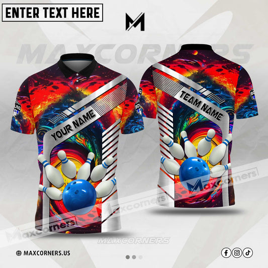 Maxcorners Bowling Ball & Pins Colorful Multicolor Customized Name 3D Polo Shirt (4 Colors)