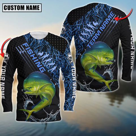 Maxcorners Mahi-Mahi Fishing Fisherman Jerseys Blue Camo Personalized Name And Team Name Long Sweat Shirt
