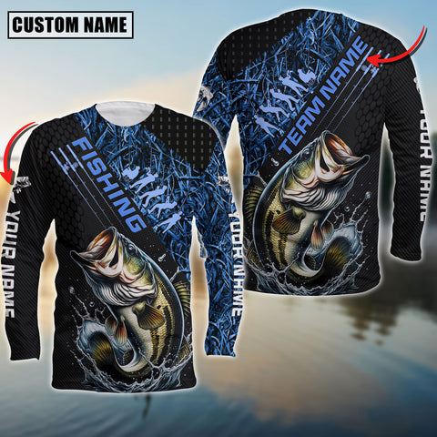 Maxcorners Bass Fishing Fisherman Jerseys Blue Camo Personalized Name And Team Name Long Sweat Shirt