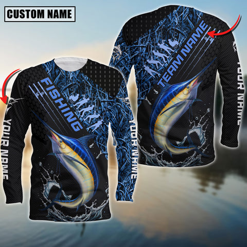 Maxcorners Marlin Fishing Fisherman Jerseys Blue Camo Personalized Name And Team Name Long Sweat Shirt