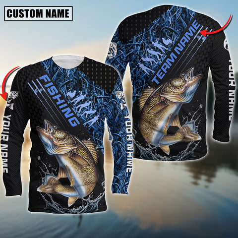 Maxcorners Walleyes Fishing Fisherman Jerseys Blue Camo Personalized Name And Team Name Long Sweat Shirt