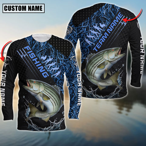 Maxcorners Striped Bass Fishing Fisherman Jerseys Blue Camo Personalized Name And Team Name Long Sweat Shirt