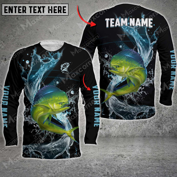 Maxcorners Mahi-mahi Fishing Blue Wave Pattern Premium Personalized Name And Team Name Long Sweat Shirt