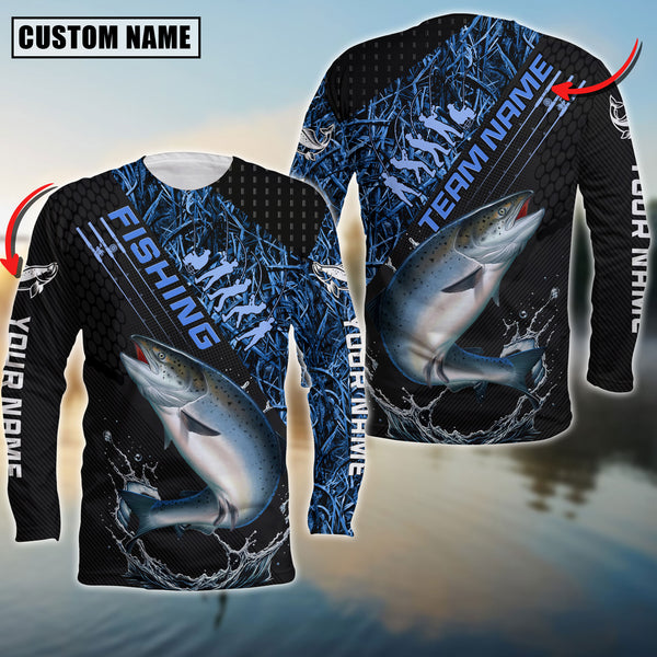 Maxcorners Salmon Fishing Fisherman Jerseys Blue Camo Personalized Name And Team Name Long Sweat Shirt