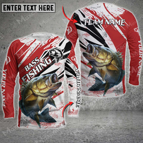 Maxcorners Bass Fishing Red And White Pattern Personalized Name And Team Name Long Sweat Shirt