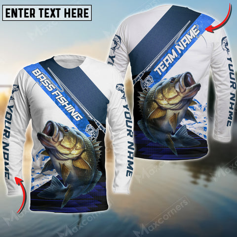 Maxcorners Bass Fishing Rod Blue Pattern, Bass Fishing Jerseys Personalized Name And Team Name Long Sweat Shirt