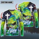 Maxcorners Mahi-Mahi Fishing The Cross And Flag USA Pattern Personalized Name, Team Name Long Sleeve Shirt