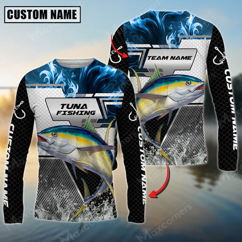 Maxcorners Tuna Fishing Blue Smoke Hexagon Pattern Sun Protection Personalized Name, Team Name Long Sleeve Shirt