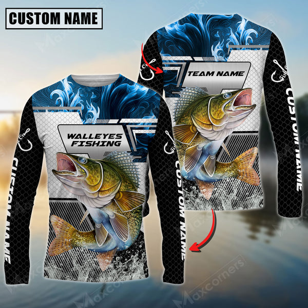 Maxcorners Walleyes Fishing Blue Smoke Hexagon Pattern Sun Protection Personalized Name, Team Name Long Sleeve Shirt