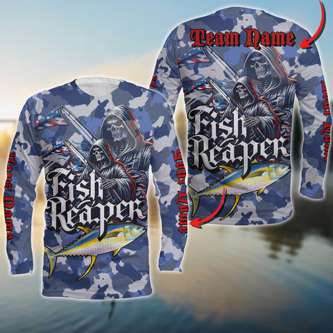 Maxcorners Tuna Fishing Skull Reaper Camo Pattern Sport Jersey Personalized Name Long Sweat Shirt