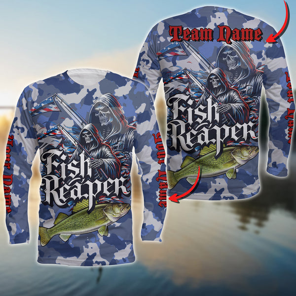 Maxcorners Walleyes Fishing Skull Reaper Camo Pattern Sport Jersey Personalized Name Long Sweat Shirt