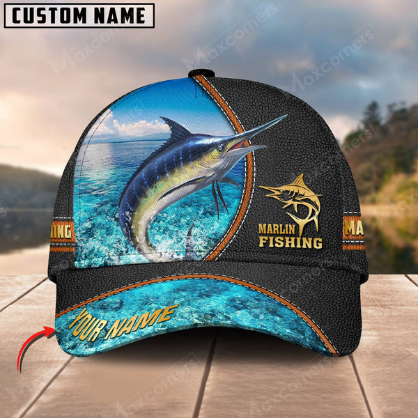Maxcorners Personalized Marlin Premium Leather Pattern Classic 3D Cap