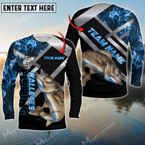 Maxcorners Walleyes Fishing Blue Smoke Pattern Pro Sport Jersey Personalized Name And Team Name Long Sweat Shirt
