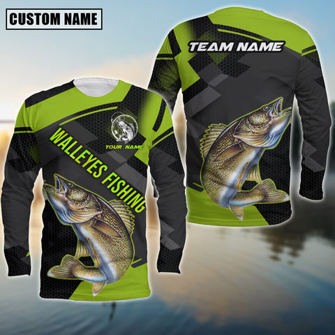 Maxcorners Walleyes Fishing Green Pattern Pro Sport Jersey Personalized Name And Team Name Long Sweat Shirt