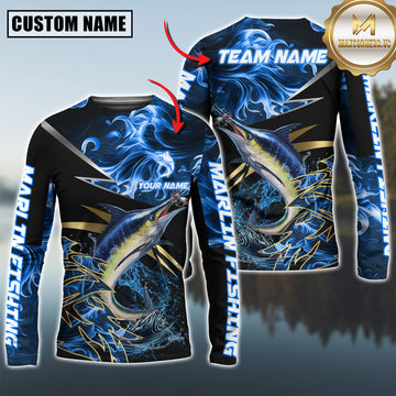 Maxcorners Marlin Fishing Blue Flame Premium Golden & Silver Line  Pattern Sport Jersey Personalized Name, Team Name Long Sleeve Shirt