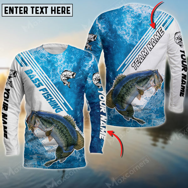 Maxcorners Bass Fishing Art Blue Line Sport Jersey Personalized Name And Team Name Long Sweat Shirt