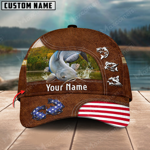 Maxcorners Personalized Catfish Fishing US Flag Leather Pattern Classic 3D Cap