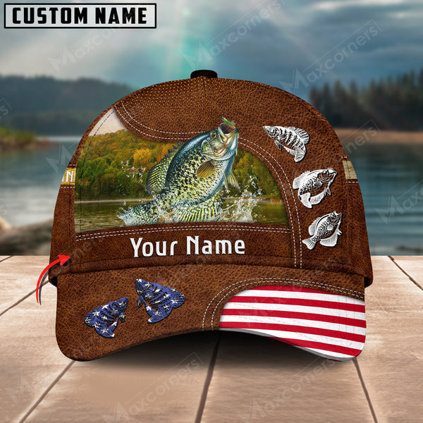 Maxcorners Personalized Crappie Fishing US Flag Leather Pattern Classic 3D Cap