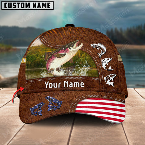 Maxcorners Personalized Salmon Fishing US Flag Leather Pattern Classic 3D Cap