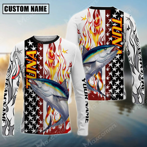 Maxcorners Tuna Fishing Flame American Flag Sun Protection Personalized Name, Team Name Long Sleeve Shirt