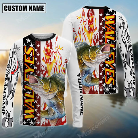 Maxcorners Walleyes Fishing Flame American Flag Sun Protection Personalized Name, Team Name Long Sleeve Shirt