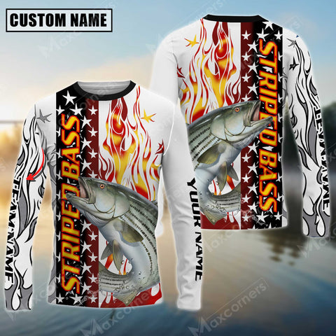 Maxcorners Striped Bass Fishing Flame American Flag Sun Protection Personalized Name, Team Name Long Sleeve Shirt