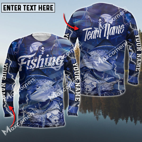 Maxcorners Mahi-Mahi Fishing Skull And Water Blue Thunder Lightning Premium Pattern Sport Jersey Personalized Name And Team Name Long Sweat Shirt