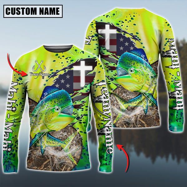 Maxcorners Mahi-Mahi Fishing Cross & USA Flag Camo Skin Fish Pattern  Sun Protection Personalized Name And Team Name Long Sweat Shirt