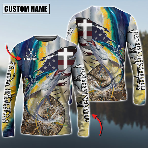 Maxcorners Tuna Fishing Cross & USA Flag Camo Skin Fish Pattern Sun Protection Personalized Name And Team Name Long Sweat Shirt