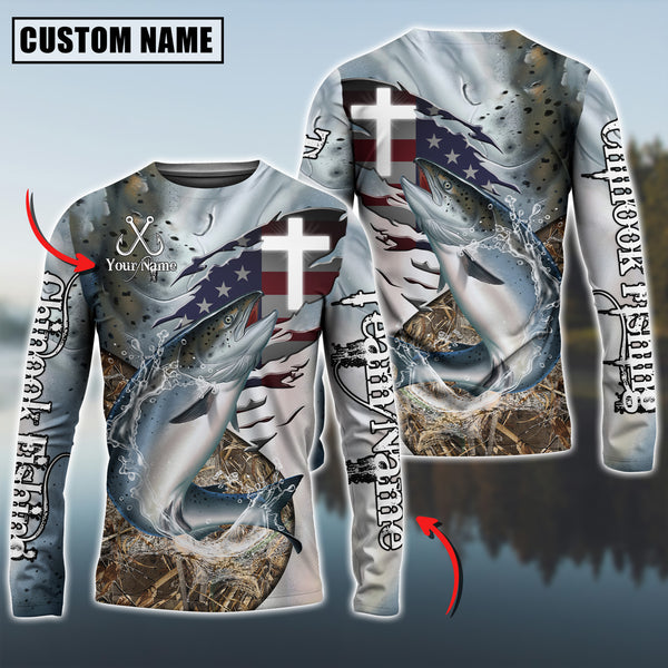 Maxcorners Chinook Fishing Cross & USA Flag Camo Skin Fish Pattern Sun Protection Personalized Name And Team Name Long Sweat Shirt