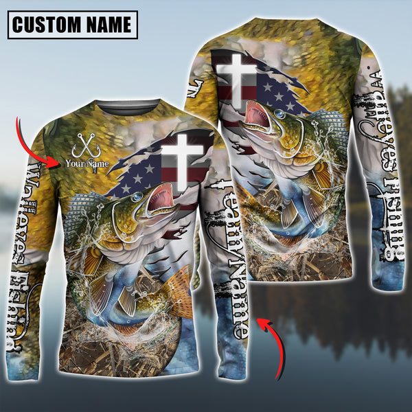 Maxcorners Walleye Fishing Cross & USA Flag Camo Skin Fish Pattern Sun Protection Personalized Name And Team Name Long Sweat Shirt