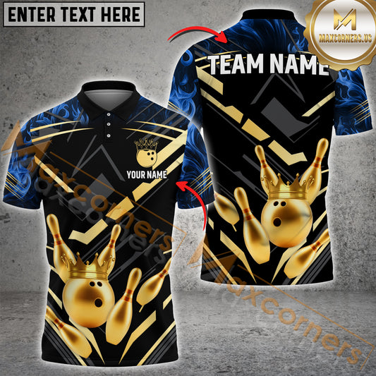 Maxcorners Bowling & Pins Smoke Premium  Gold Pattern Jersey Sport Multicolor Option Customized Name, Team Name 3D Polo Shirt (4 Colors)