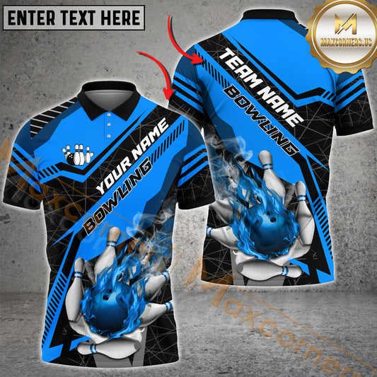 Maxcorners Bowling & Pins Flame Smoke Premium Jersey Sport Multicolor Option Customized Name, Team Name 3D Polo Shirt (4 Colors)
