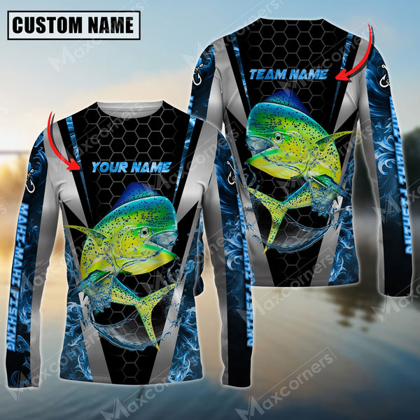 Maxcorners Mahi-Mahi Fishing Sun Protection Blue Smoke Pattern Sport Jersey Personalized Name And Team Name Long Sleeve Shirt