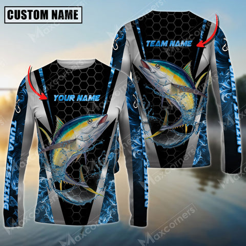 Maxcorners Tuna Fishing Sun Protection Blue Smoke Pattern Sport Jersey Personalized Name And Team Name Long Sleeve Shirt