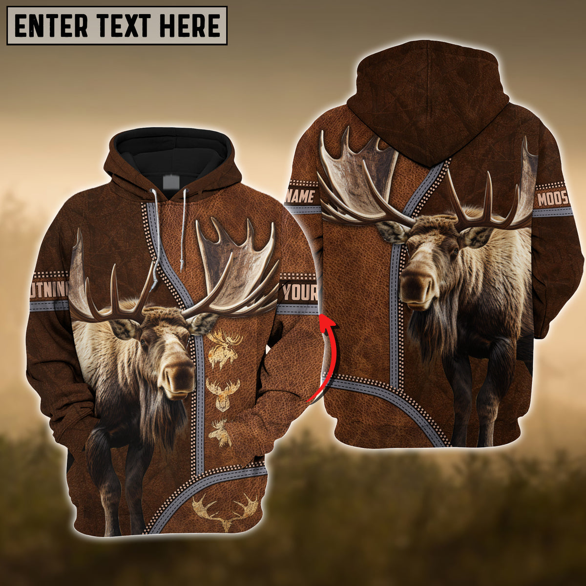 Maxcorners Moose Premium Zipper Leather Pattern Personalized 3D Hoodie