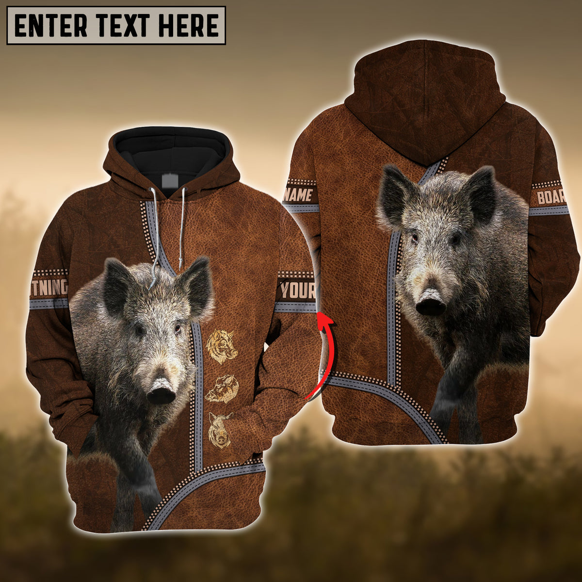 Maxcorners Boar Premium Zipper Leather Pattern Personalized 3D Hoodie