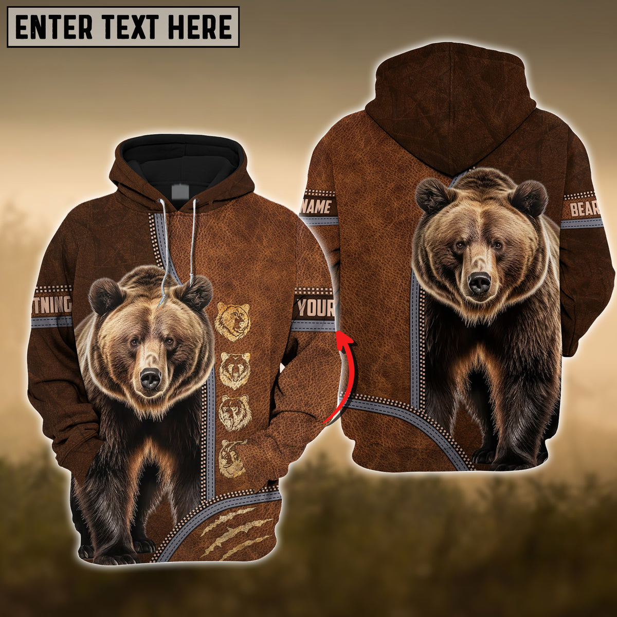 Maxcorners Bear Premium Zipper Leather Pattern Personalized 3D Hoodie