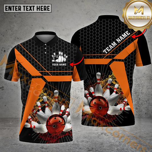 Maxcorners Bowling Ball & Pins Water Hexagon Pattern Pro Sport Jersey Multicolor Customized Name 3D Polo Shirt (4 Colors)