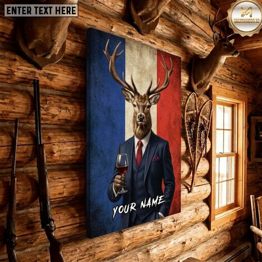 Maxcorners France Flag Deer Hunting Dapper Buck Suit Wine Glass Union Gentleman Canvas Wall Art