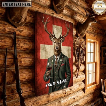 Maxcorners Switzerland Flag Deer Hunting Dapper Buck Suit Wine Glass Union Gentleman Canvas Wall Art
