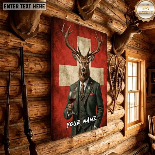 Maxcorners Switzerland Flag Deer Hunting Dapper Buck Suit Wine Glass Union Gentleman Canvas Wall Art