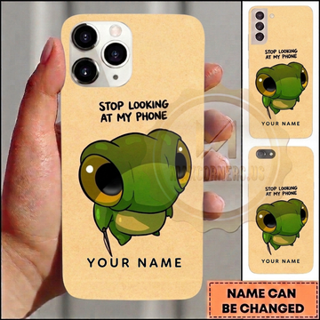 Maxcorners Personalized Cute Green Frog Phone Case with Stop Looking at My Phone Quote, Big Eyes, Minimal Cartoon Style and Custom Name