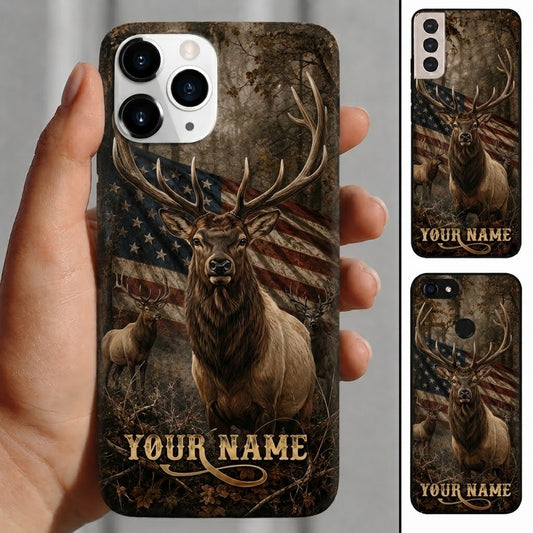 Maxcorners Hunting Elk Rustic American Flag Woodland Customized Name Phone Case