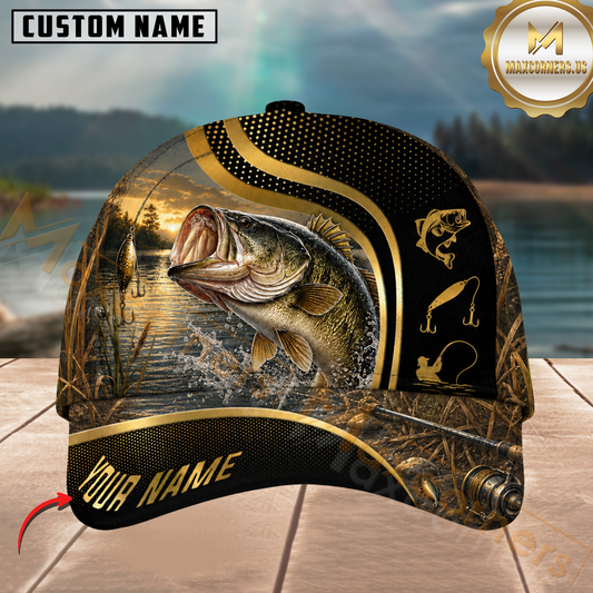 Maxcorners Fishing Black Gold Sunset Lake Customized Name 3D Cap