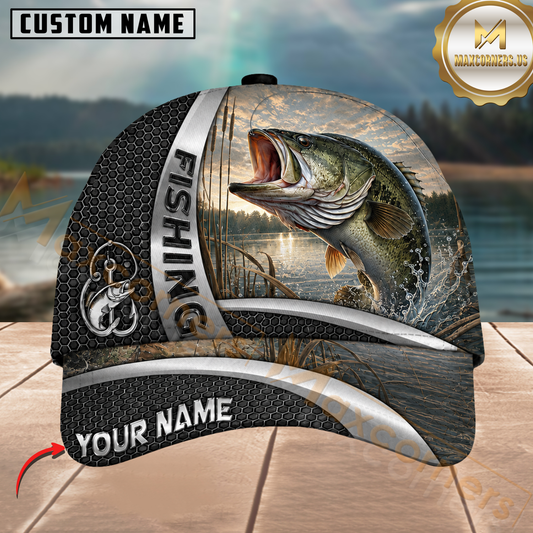 Maxcorners Fishing Black Hexagon Silver Accent Customized Name 3D Cap