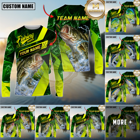 Maxcorners Fishing Green Neon Splash Water Artwork Multicolor Options Personalized Name, Team Name 3D Long Sleeve Shirt ( 12 Fish Species)